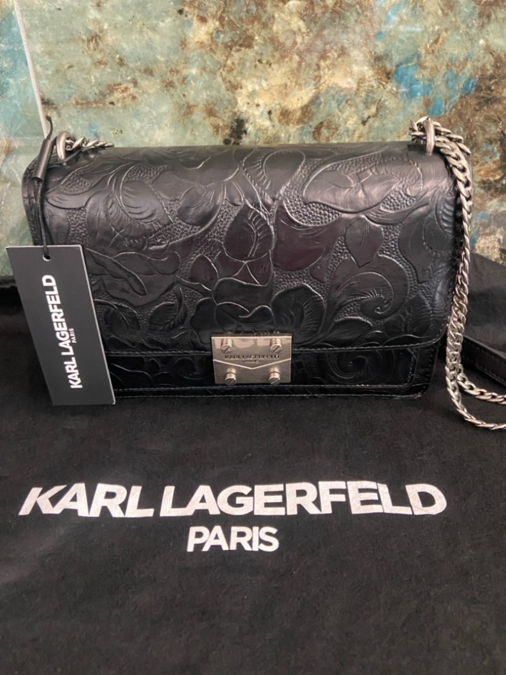 Karl Lagerfeld Black Leather Tooled Floral Crossbody Bag. - Picture 4 of 16